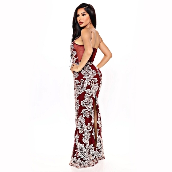 Nova Luxe ✦ Wine Sequin Mermaid Maxi Dress ✦ Deep V Mesh Cutout w/ Back Slit S - Picture 3 of 13